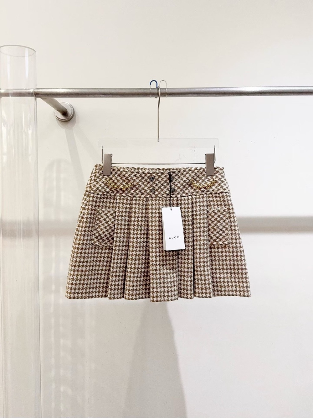 🚩steal Gucci Beige Brown Houndstooth Pleated Mini Skirt